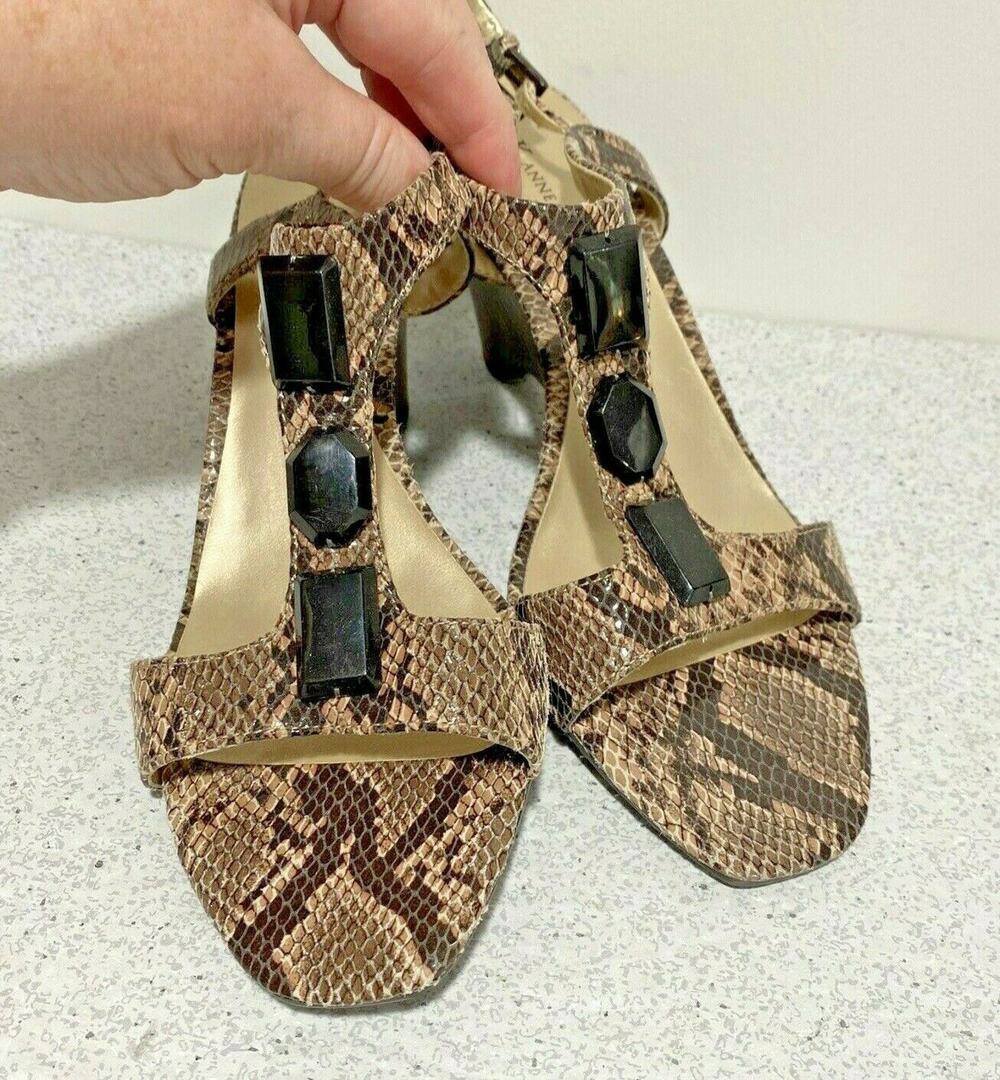 Anne Klein 9M wedge heel shoes black & tan snakeskin sandals beaded leather